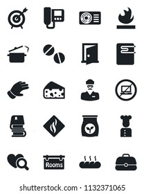 Set of vector isolated black icon - no laptop vector, glove, fertilizer, heart diagnostic, pills, doctor, flammable, book, rooms, air conditioner, cook, bread, steaming pan, cheese, water heater