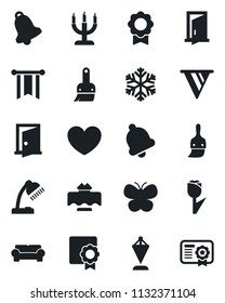 Set of vector isolated black icon - pennant vector, butterfly, heart, tulip, themes, bell, certificate, desk lamp, cushioned furniture, restaurant table, candle, snowflake, door, pennon, certificate