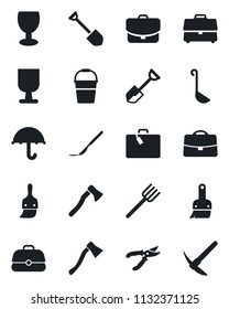 Set of vector isolated black icon - suitcase vector, job, shovel, farm fork, bucket, pruner, axe, scalpel, fragile, umbrella, case, ladle, hard work