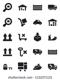Set of vector isolated black icon - sea shipping vector, cargo container, car delivery, port, consolidated, up side sign, no trolley, hook, warehouse, package, search, moving