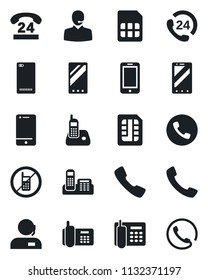 Set of vector isolated black icon - phone vector, no mobile, office, 24 hours, cell, radio, back, call, sim, support