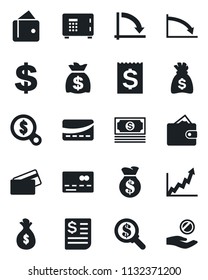 Set of vector isolated black icon - credit card vector, safe, dollar sign, money bag, crisis graph, cash, receipt, wallet, growth, search, investment