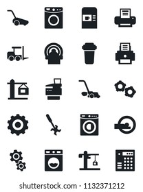 Set of vector isolated black icon - coffee machine vector, fork loader, gear, lawn mower, ripper, tomography, printer, copier, washer, crane, water filter, combination lock