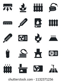 Set of vector isolated black icon - fire vector, hose, fireplace, thermometer, heater, air conditioner, candle, water, radiator, warm floor