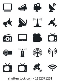 Set of vector isolated black icon - antenna vector, satellite, radio, loudspeaker, tv, video camera, wireless