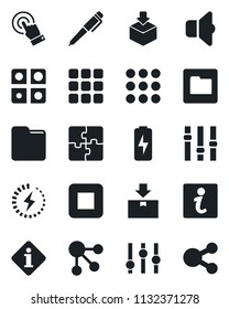 Set of vector isolated black icon - package vector, settings, touch screen, stop button, menu, folder, charge, application, pen, sound, information, social media