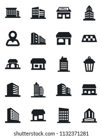 Set of vector isolated black icon - taxi vector, shop, office building, garden light, navigation, store, city house, cafe, storefront