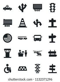Set of vector isolated black icon - airport tower vector, taxi, bus, passport control, signpost, alarm car, border cone, radar, helicopter, disabled, route, traffic light, truck trailer, guidepost