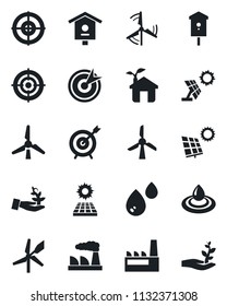Set of vector isolated black icon - factory vector, bird house, target, sun panel, windmill, eco, water, palm sproute