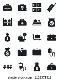 Set of vector isolated black icon - suitcase vector, baggage conveyor, trolley, larry, luggage storage, scales, checkroom, case, money bag, fertilizer, doctor, dropper