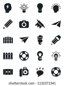 Set of vector isolated black icon - automatic door vector, brainstorm, bulb, camera, pencil, fence, rolling pin, energy saving, shining head, idea, paper plane, crisis management
