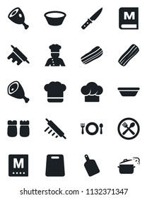 Set of vector isolated black icon - cook vector, cafe, hat, menu, bacon, salt and pepper, ham, bowl, rolling pin, cutting board, knife, steaming pan