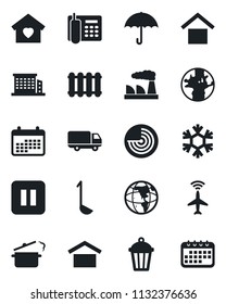 Set of vector isolated black icon - plane radar vector, factory, garden light, earth, car delivery, umbrella, warehouse storage, pause button, office phone, building, sweet home, ladle, steaming pan