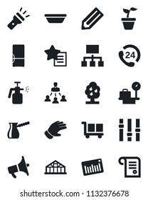 Set of vector isolated black icon - luggage scales vector, pencil, seedling, glove, greenhouse, garden sprayer, 24 hours, cargo, barcode, loudspeaker, settings, favorites list, torch, hierarchy