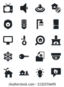 Set of vector isolated black icon - monitor vector, house with tree, estate document, search, key, fireplace, fridge, tv, insurance, eco, remote control, snowflake, water, thermometer, bulb, sound