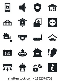 Set of vector isolated black icon - greenhouse vector, bird house, warehouse, garage, estate document, sold signboard, home control, socket, wireless lock, router, web camera, air conditioner, app