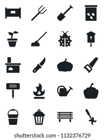 Set of vector isolated black icon - fence vector, shovel, farm fork, seedling, watering can, bucket, saw, lady bug, fire, hoe, garden knife, plant label, bench, pumpkin, light, fireplace, seeds