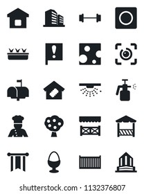 Set of vector isolated black icon - seedling vector, garden sprayer, barbell, important flag, cargo container, record, eye id, fruit tree, smart home, mailbox, cook, egg stand, alcove, cheese
