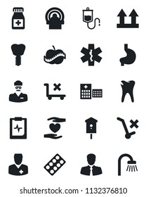 Set of vector isolated black icon - bird house vector, dropper, pills bottle, blister, tomography, ambulance star, heart hand, stomach, caries, implant, pulse clipboard, diet, hospital, doctor