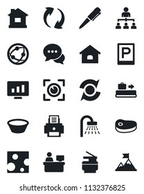 Set of vector isolated black icon - baggage conveyor vector, parking, shower, hierarchy, pen, manager place, statistic monitor, house, network, dialog, update, printer, copier, steak, bowl, cheese