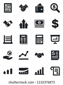 Set of vector isolated black icon - handshake vector, dollar sign, abacus, cash, receipt, bar graph, point, contract, credit card, arrow up, wallet, money search, investment, calculator