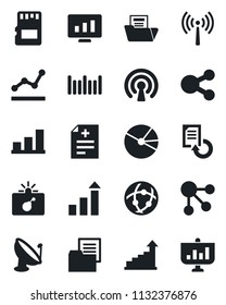 Set of vector isolated black icon - antenna vector, bomb in case, growth statistic, monitor, document reload, diagnosis, folder, barcode, satellite, sd, network, bar graph, pie, point, wireless