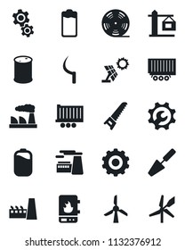 Set of vector isolated black icon - gear vector, factory, trowel, saw, sickle, truck trailer, oil barrel, reel, battery, root setup, crane, water heater, sun panel, windmill