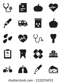 Set of vector isolated black icon - pumpkin vector, seeds, heart pulse, diagnosis, stethoscope, dropper, patch, ambulance car, bike, lungs, caries, implant, clipboard, hospital, cheese