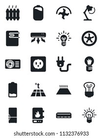 Set of vector isolated black icon - bulb vector, ripper, low battery, desk lamp, heater, air conditioner, fridge, socket, power plug, fan, water, warm floor, idea