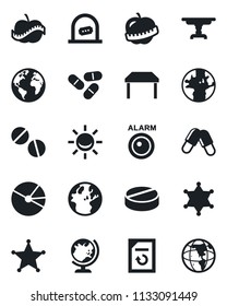 Set of vector isolated black icon - ticket office vector, globe, document reload, pills, diet, earth, pie graph, table, police, alarm led