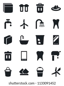 Set of vector isolated black icon - trash bin vector, bucket, tooth, mobile, blank box, water supply, bathroom, serviette, filter, windmill