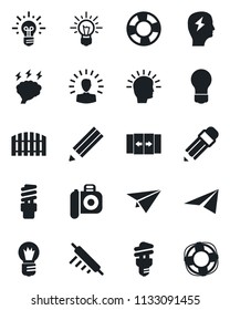 Set of vector isolated black icon - automatic door vector, brainstorm, bulb, camera, pencil, fence, rolling pin, energy saving, shining head, idea, paper plane, crisis management