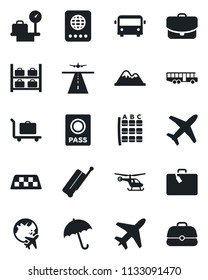 Set of vector isolated black icon - plane vector, runway, taxi, suitcase, baggage trolley, airport bus, umbrella, passport, helicopter, seat map, luggage storage, scales, globe, mountains, case