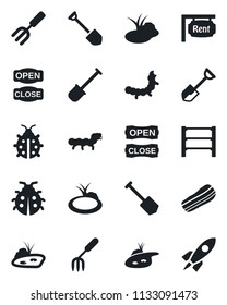Set of vector isolated black icon - job vector, garden fork, shovel, lady bug, caterpillar, pond, rack, rent, bacon, open close, rocket