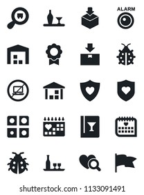 Set of vector isolated black icon - no laptop vector, lady bug, heart diagnostic, shield, medical calendar, warehouse, package, search cargo, application, sertificate, alcohol, wine card, alarm led