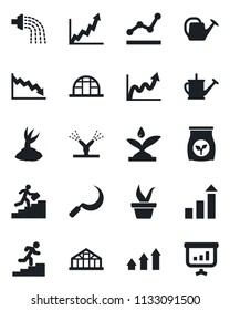 Set of vector isolated black icon - growth statistic vector, seedling, watering can, sproute, sickle, greenhouse, fertilizer, point graph, career ladder, irrigation, arrow up, crisis, presentation