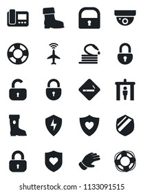 Set of vector isolated black icon - plane radar vector, security gate, smoking place, lock, glove, boot, hose, heart shield, protect, intercome, surveillance, crisis management