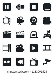 Set of vector isolated black icon - ticket office vector, clapboard, film frame, tv, gamepad, video camera, play button, pause, stop, rewind, hdmi, record, web, surveillance
