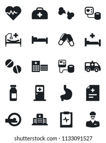 Set of vector isolated black icon - bed vector, medical room, heart pulse, doctor case, diagnosis, blood pressure, pills, ampoule, tomography, ambulance car, hospital, stomach, broken bone