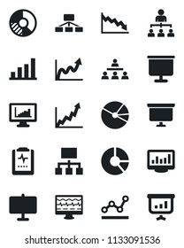 Set of vector isolated black icon - hierarchy vector, presentation board, circle chart, monitor pulse, clipboard, statistics, bar graph, pie, point, growth, crisis
