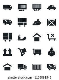 Set of vector isolated black icon - sea shipping vector, truck trailer, cargo container, car delivery, consolidated, warehouse storage, up side sign, no trolley, package, moving