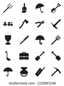 Set of vector isolated black icon - suitcase vector, umbrella, baggage larry, job, shovel, farm fork, pruner, axe, scalpel, fragile, themes, case, stamp, ladle, hard work