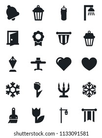 Set of vector isolated black icon - pennant vector, garden light, heart, tulip, themes, bell, sertificate, restaurant table, candle, snowflake, outdoor lamp, door, pennon