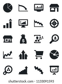 Set of vector isolated black icon - shop vector, growth statistic, money bag, crisis graph, store, monitor statistics, pie, hr, target, consumer search, arrow up, cart, presentation