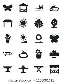 Set of vector isolated black icon - sun vector, flower in pot, butterfly, lady bug, pond, picnic table, brightness, pool, fruit tree, restaurant, alcove