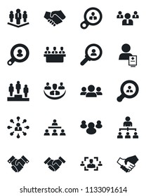 Set of vector isolated black icon - hierarchy vector, pedestal, team, patient, group, company, hr, meeting, handshake, client search, consumer