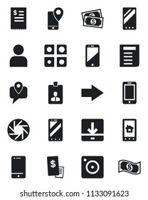 Set of vector isolated black icon - right arrow vector, mobile phone, identity card, document, cash, tracking, cell, camera, user, download, application, restaurant receipt, home control app