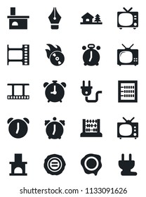 Set of vector isolated black icon - alarm clock vector, tv, abacus, stamp, fireplace, film frame, flame disk, ink pen, house with tree, power plug