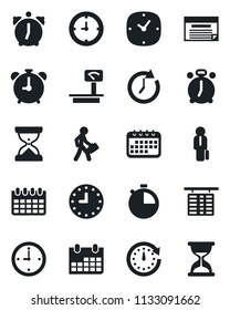 Set of vector isolated black icon - alarm clock vector, flight table, calendar, heavy scales, stopwatch, manager, schedule, sand