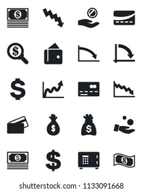 Set of vector isolated black icon - credit card vector, safe, dollar sign, money bag, crisis graph, cash, wallet, growth, search, investment